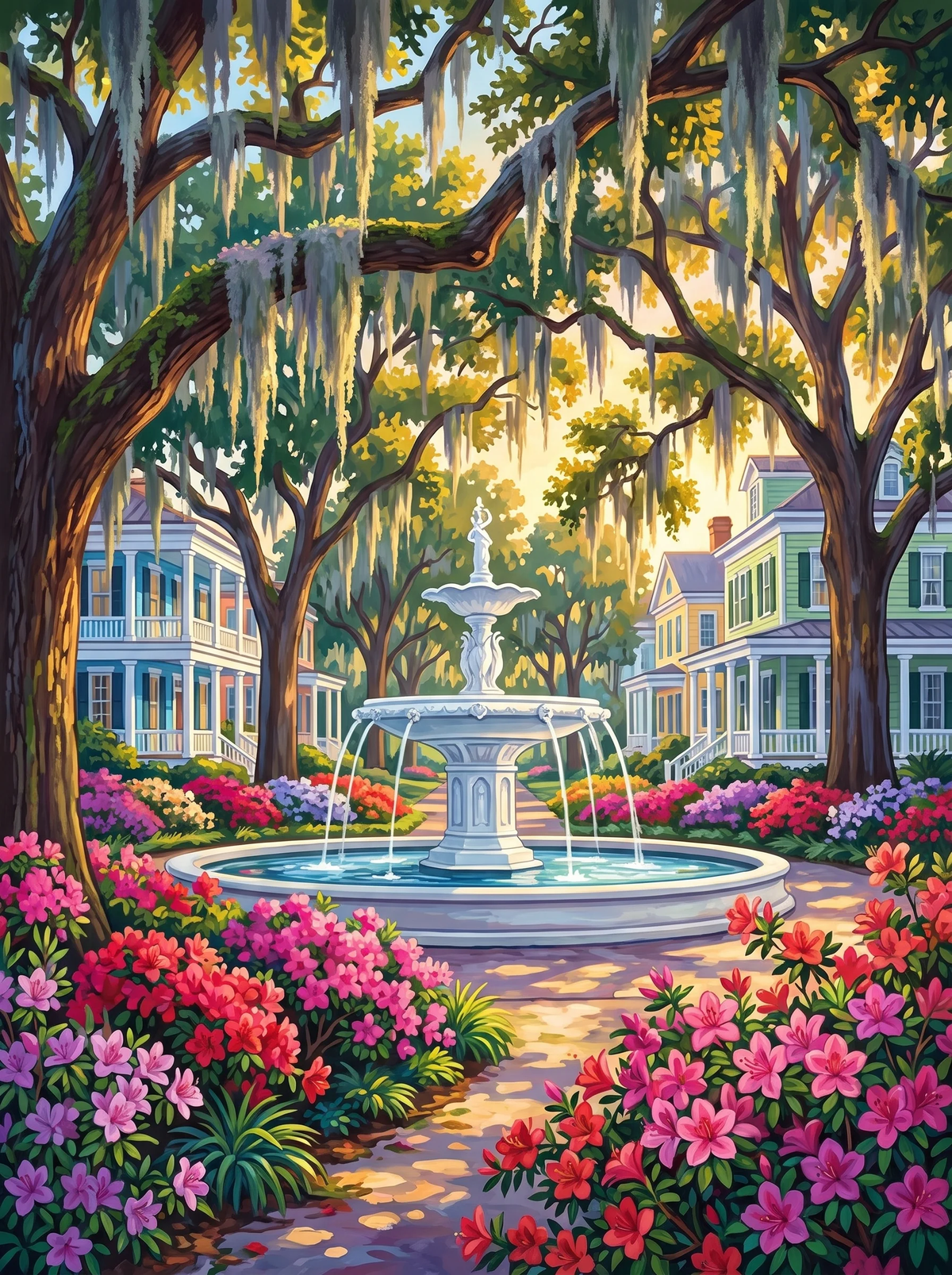 Southern Charm — The Fountain Beneath the Oak Trees