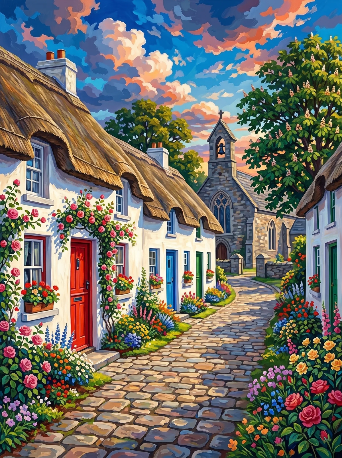 Village in Bloom — A Charming Lane to the Old Church