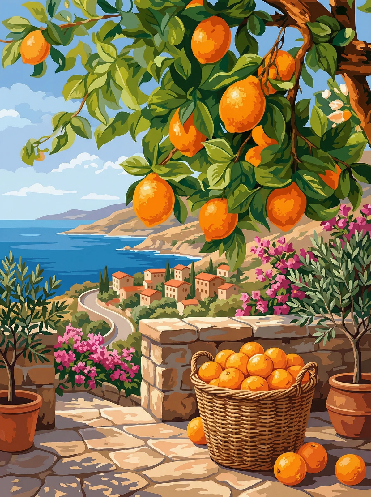 Mediterranean Sunshine — Oranges Above the Coastal Village