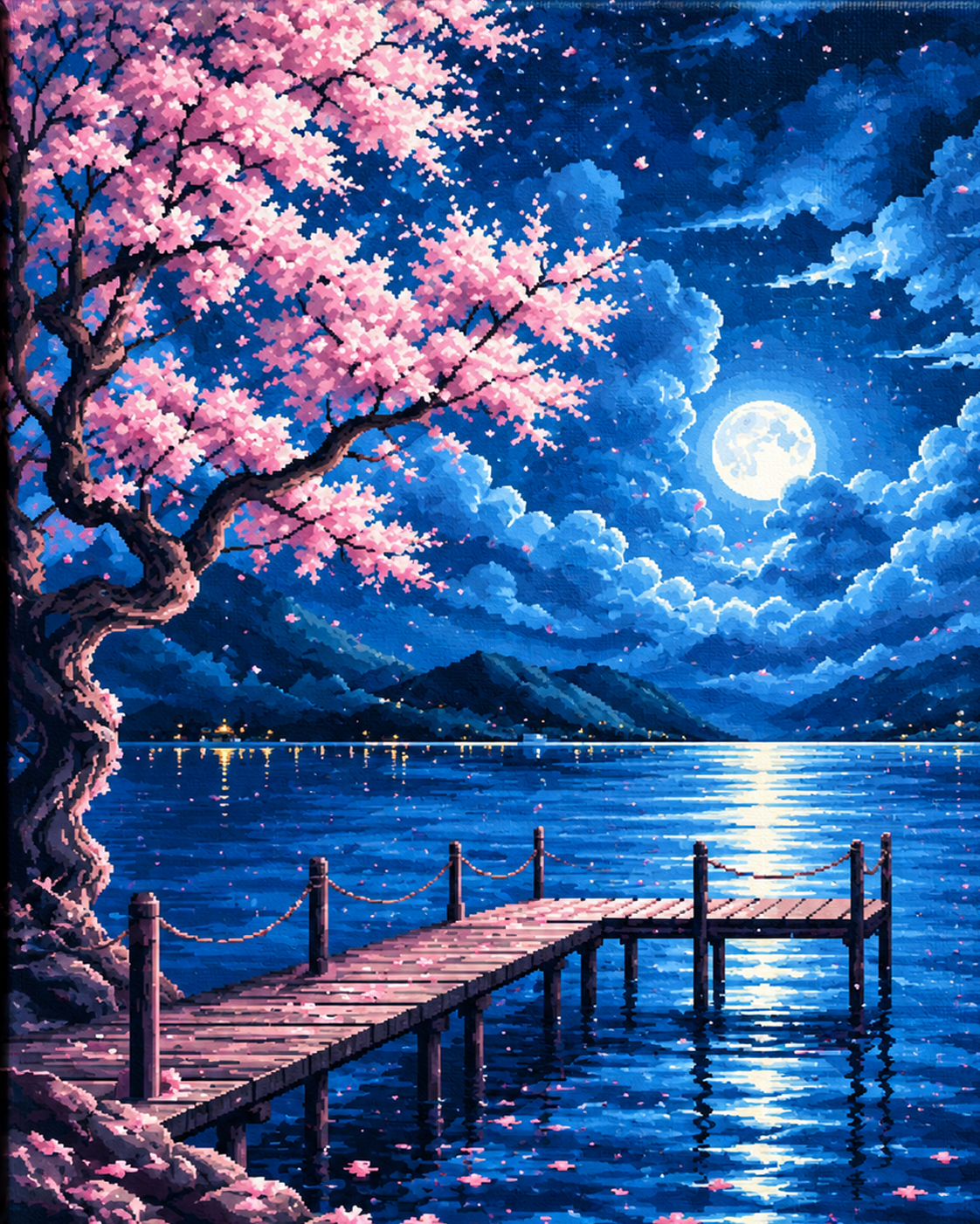 Moonlit Cherry Blossoms — A Peaceful Lakeside Pier