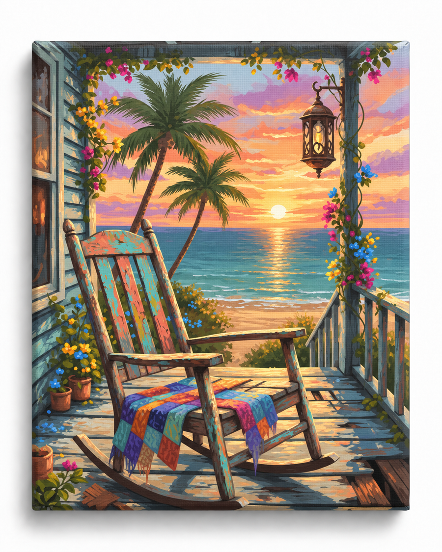 Seaside Serenity — A Rocking Chair at Golden Hour