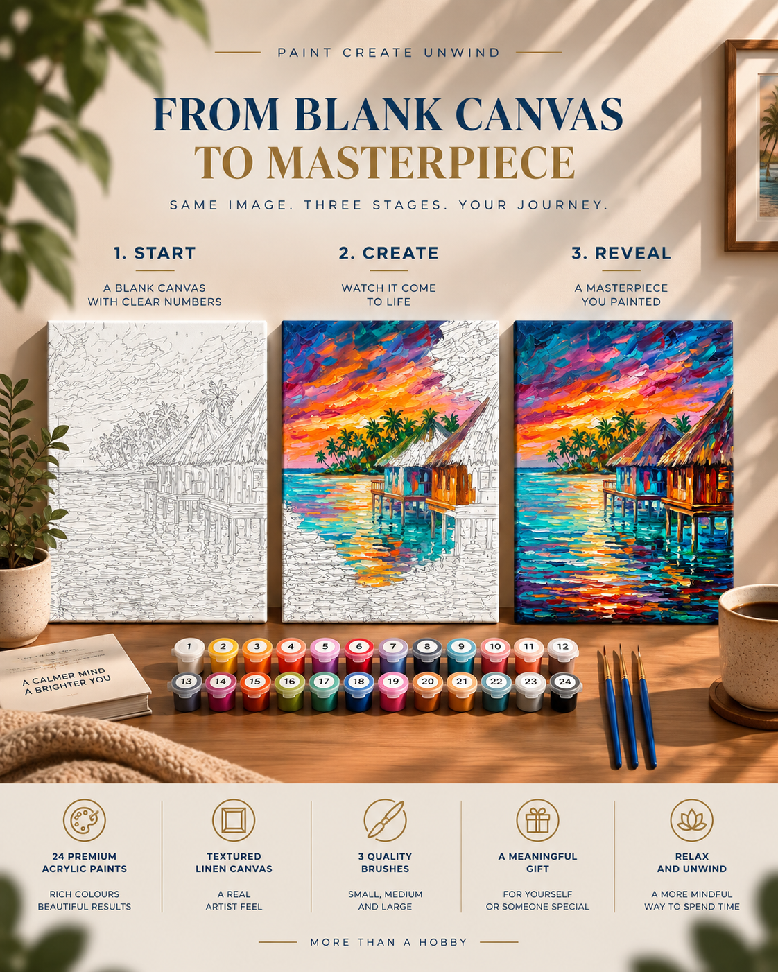 Tropical Escape — Colourful Bungalows at Sunset