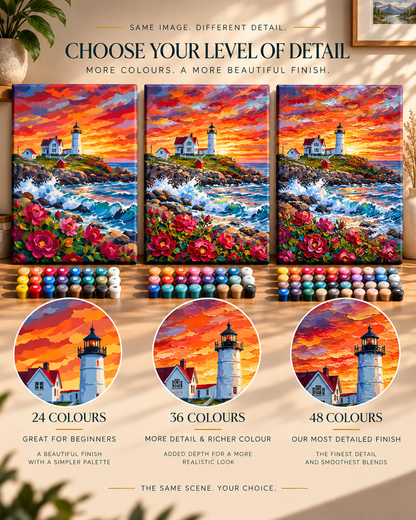 Sunset Lighthouse — Wild Roses Along the Rocky Coast