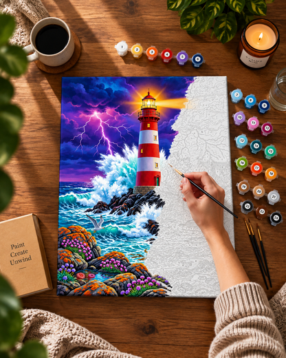 Stormwatch Lighthouse — Waves Beneath a Violet Sky