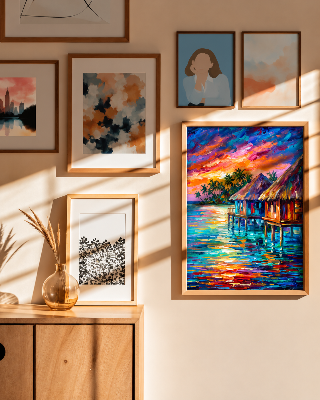 Tropical Escape — Colourful Bungalows at Sunset