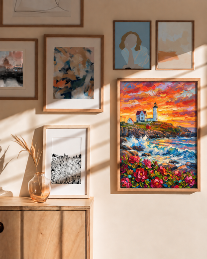 Sunset Lighthouse — Wild Roses Along the Rocky Coast