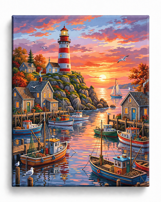 Harbour at Sunset — Fishing Boats Beneath the Lighthouse