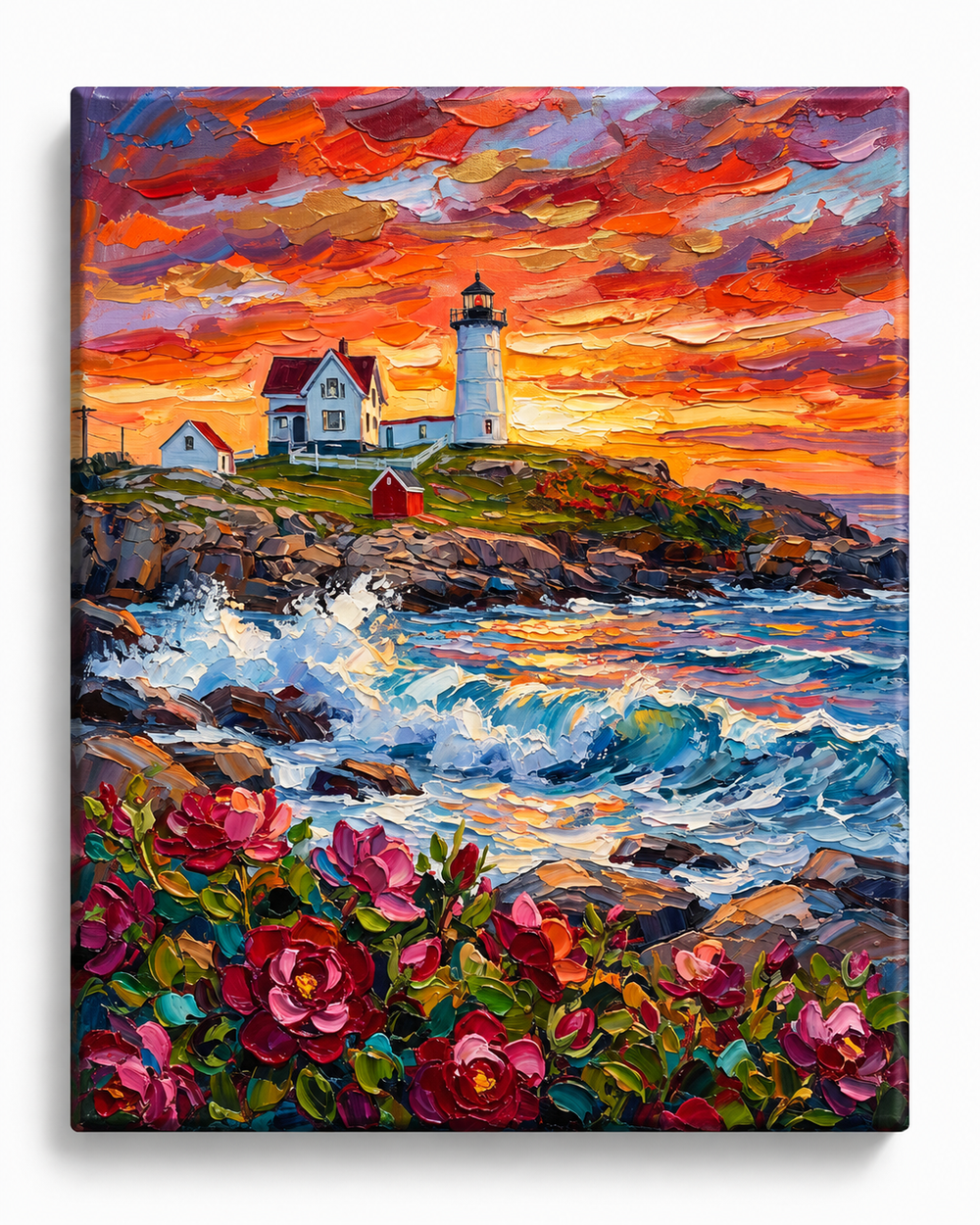 Sunset Lighthouse — Wild Roses Along the Rocky Coast