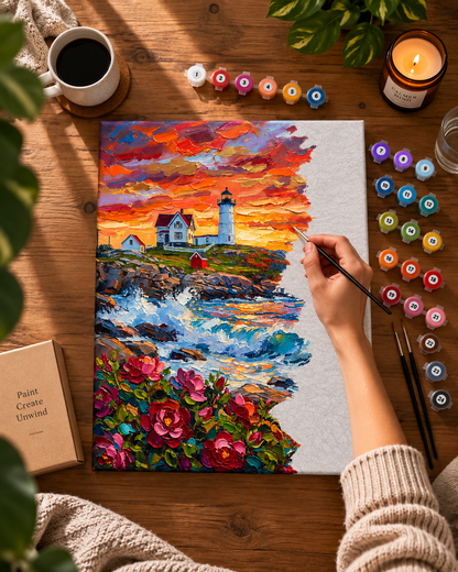 Sunset Lighthouse — Wild Roses Along the Rocky Coast