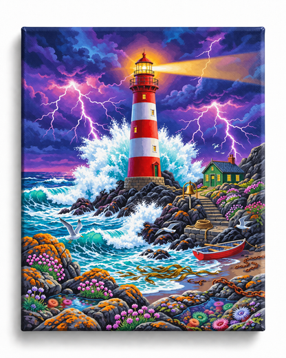 Stormwatch Lighthouse — Waves Beneath a Violet Sky