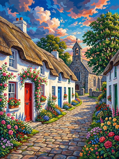 Village in Bloom — A Charming Lane to the Old Church
