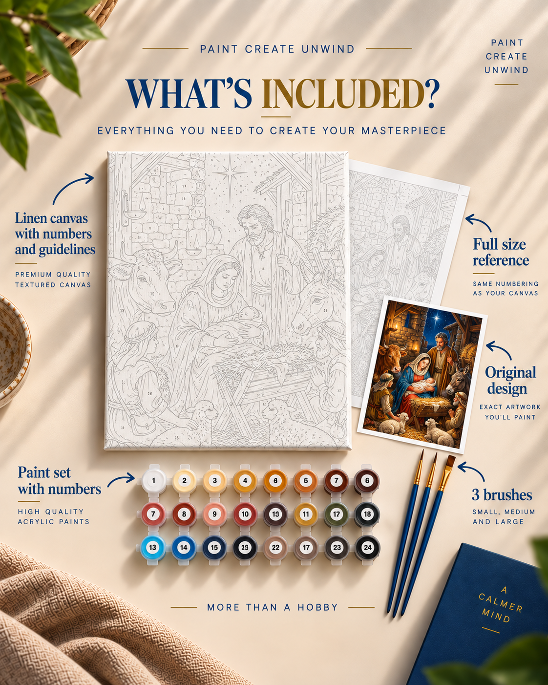 Paint by numbers kit with numbered canvas and supplies