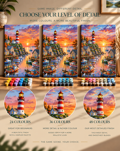 Harbour at Sunset — Fishing Boats Beneath the Lighthouse