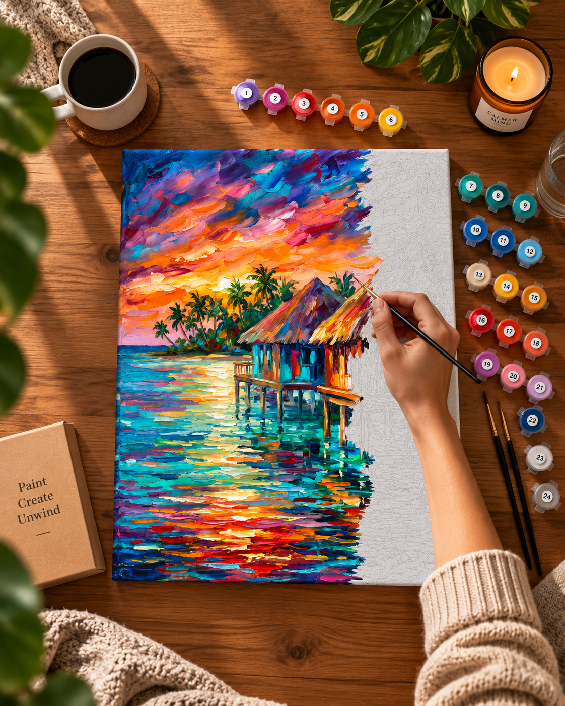 Tropical Escape — Colourful Bungalows at Sunset