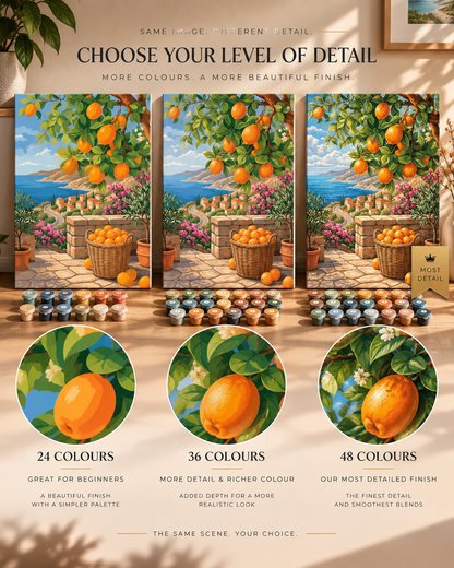 Mediterranean Sunshine — Oranges Above the Coastal Village