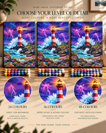 Stormwatch Lighthouse — Waves Beneath a Violet Sky