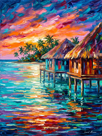 Tropical Escape — Colourful Bungalows at Sunset