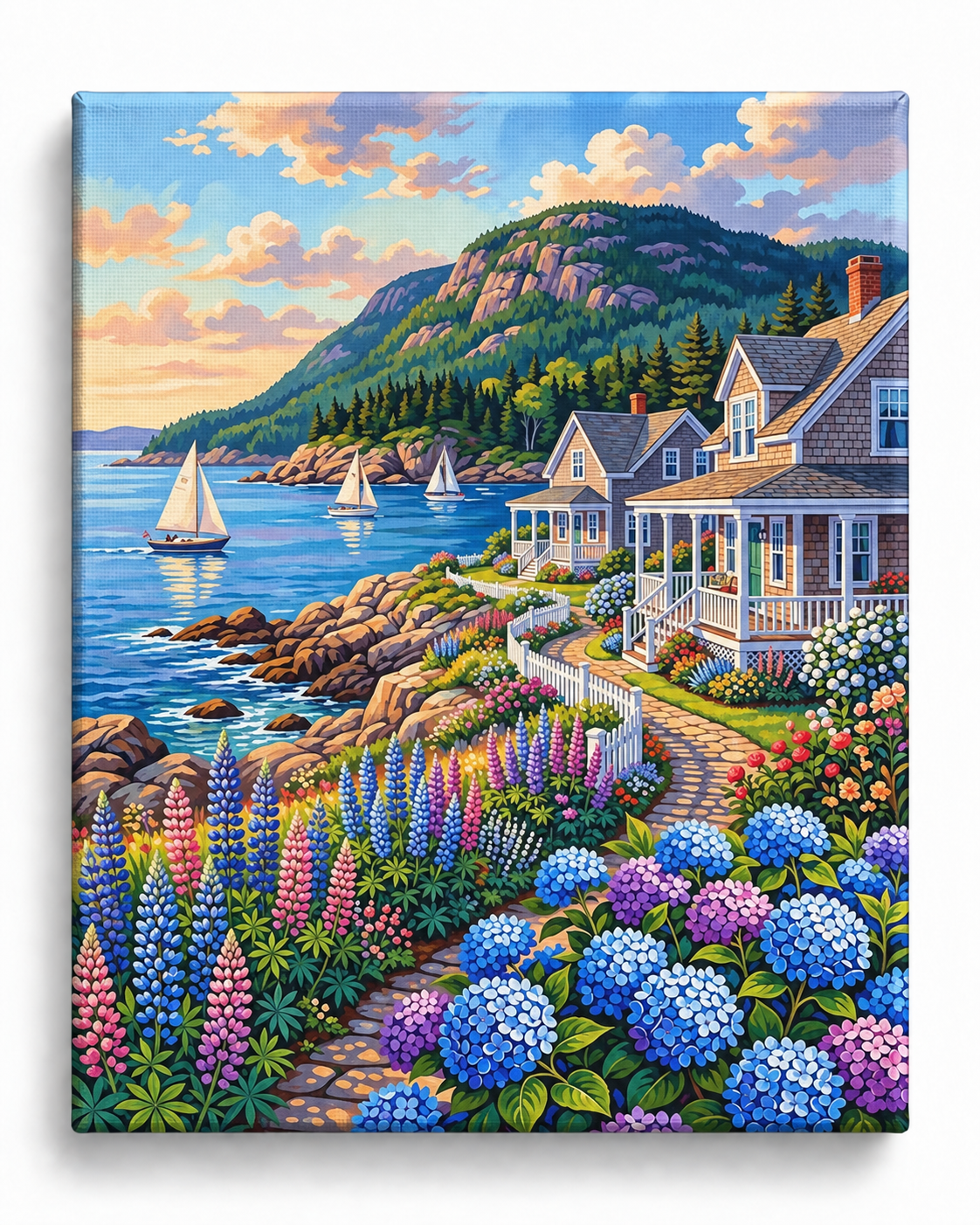 Coastal Serenity — Sailboats Beyond the Cottage Gardens