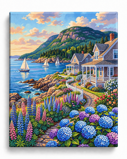 Coastal Serenity — Sailboats Beyond the Cottage Gardens