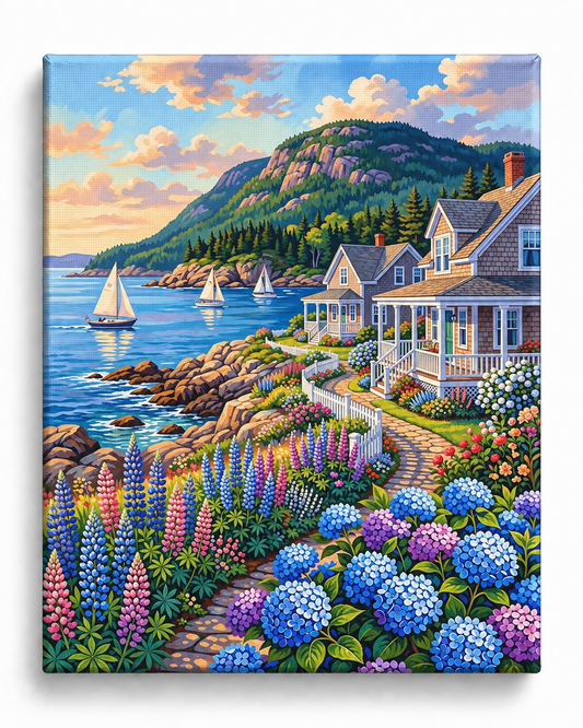 Coastal Serenity — Sailboats Beyond the Cottage Gardens