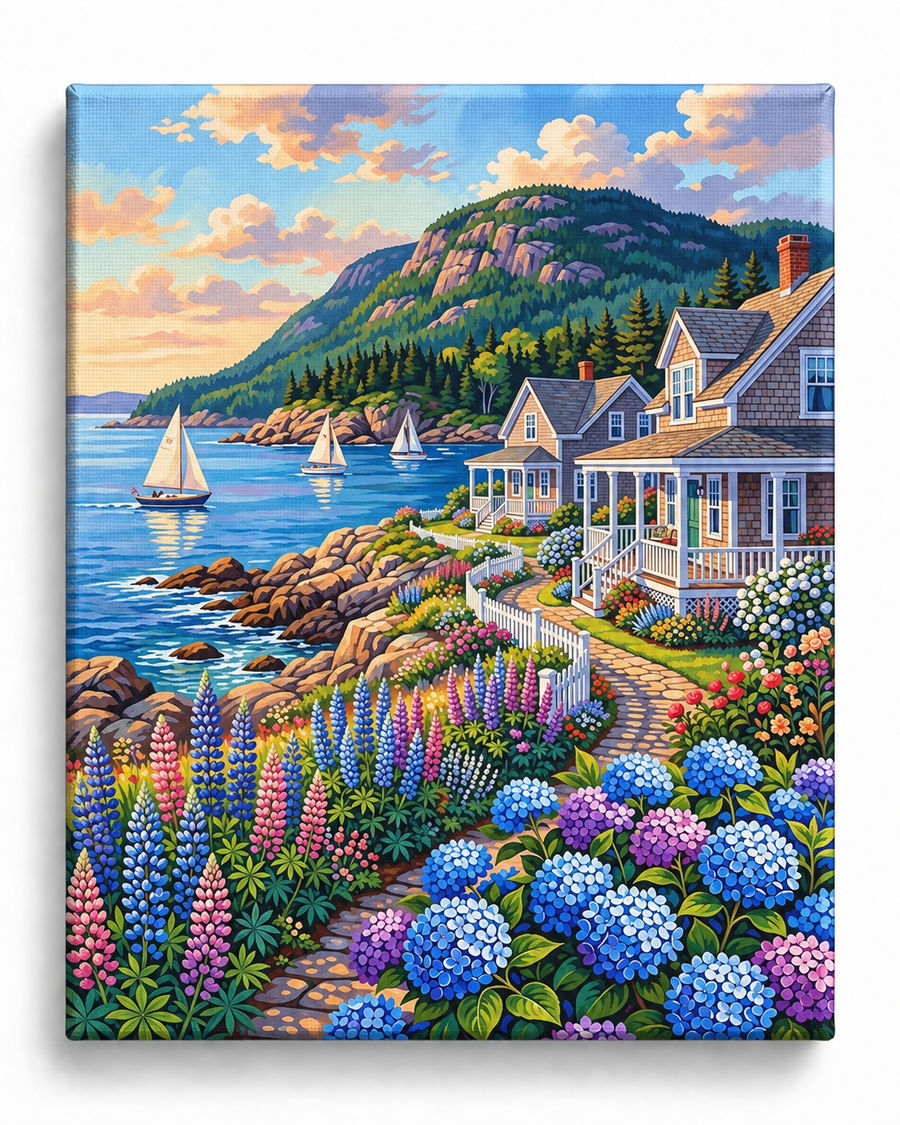 Coastal Serenity — Sailboats Beyond the Cottage Gardens