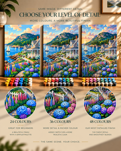 Coastal Serenity — Sailboats Beyond the Cottage Gardens