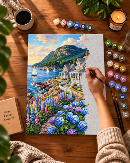 Coastal Serenity — Sailboats Beyond the Cottage Gardens