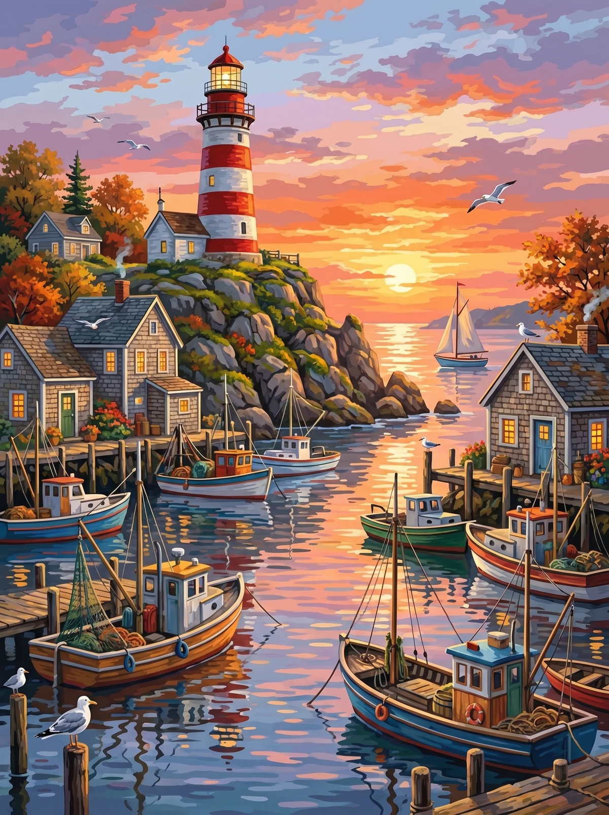 Harbour at Sunset — Fishing Boats Beneath the Lighthouse