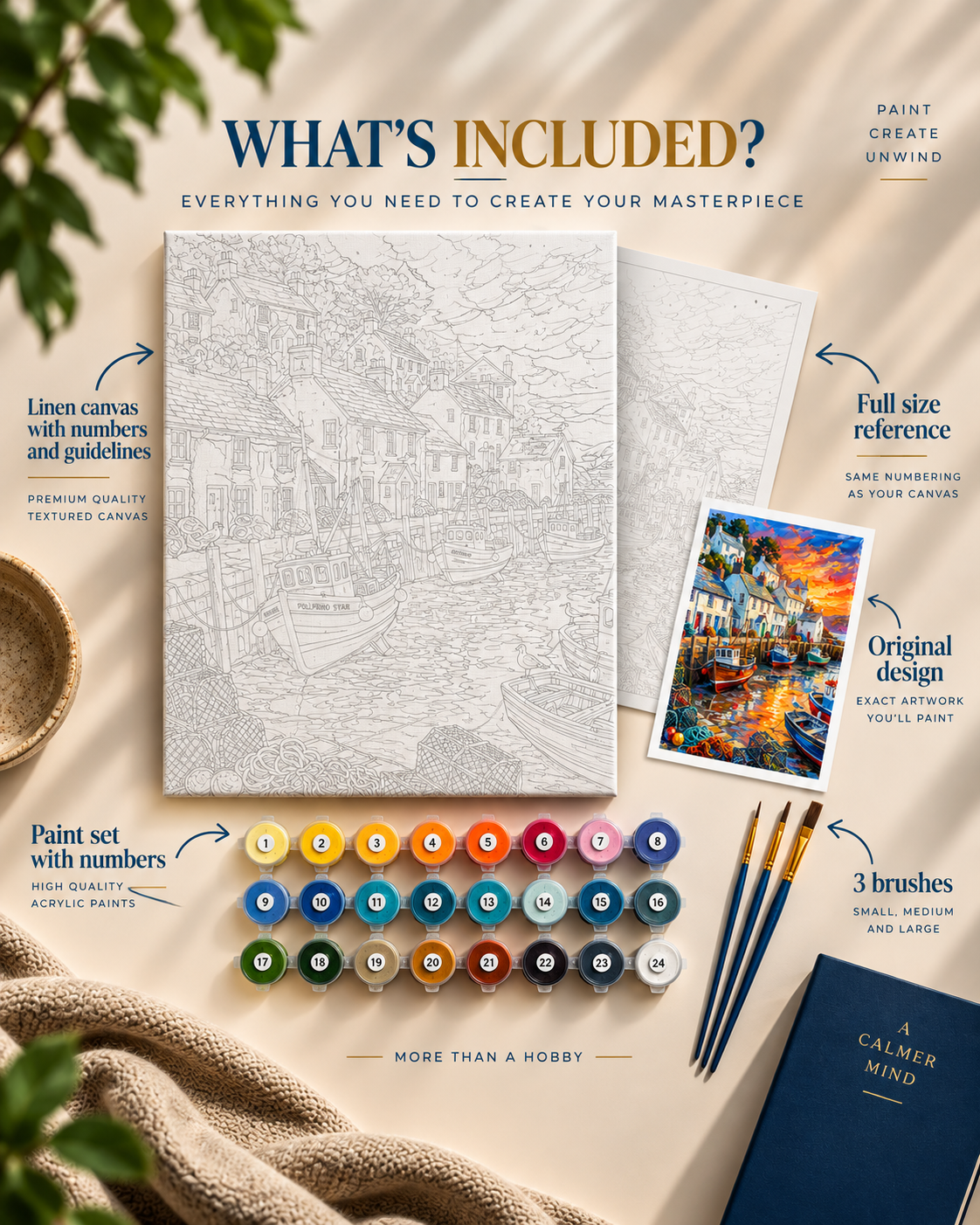 Paint by numbers kit with numbered canvas and supplies