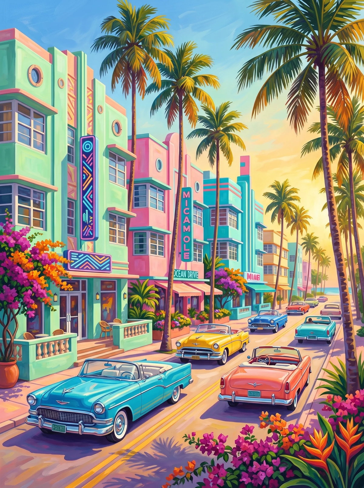 Miami Afterglow — Pastel Streets and Palm Trees