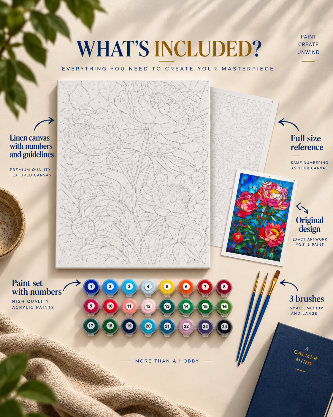 Paint by numbers kit with numbered canvas and supplies