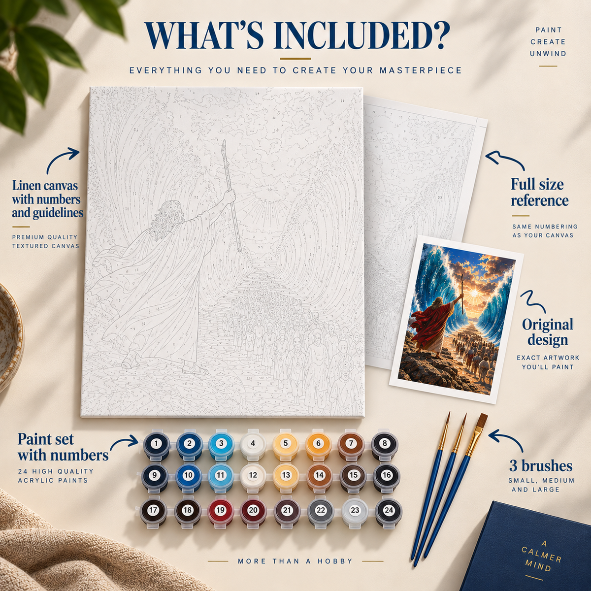 Paint by numbers kit with numbered canvas and supplies