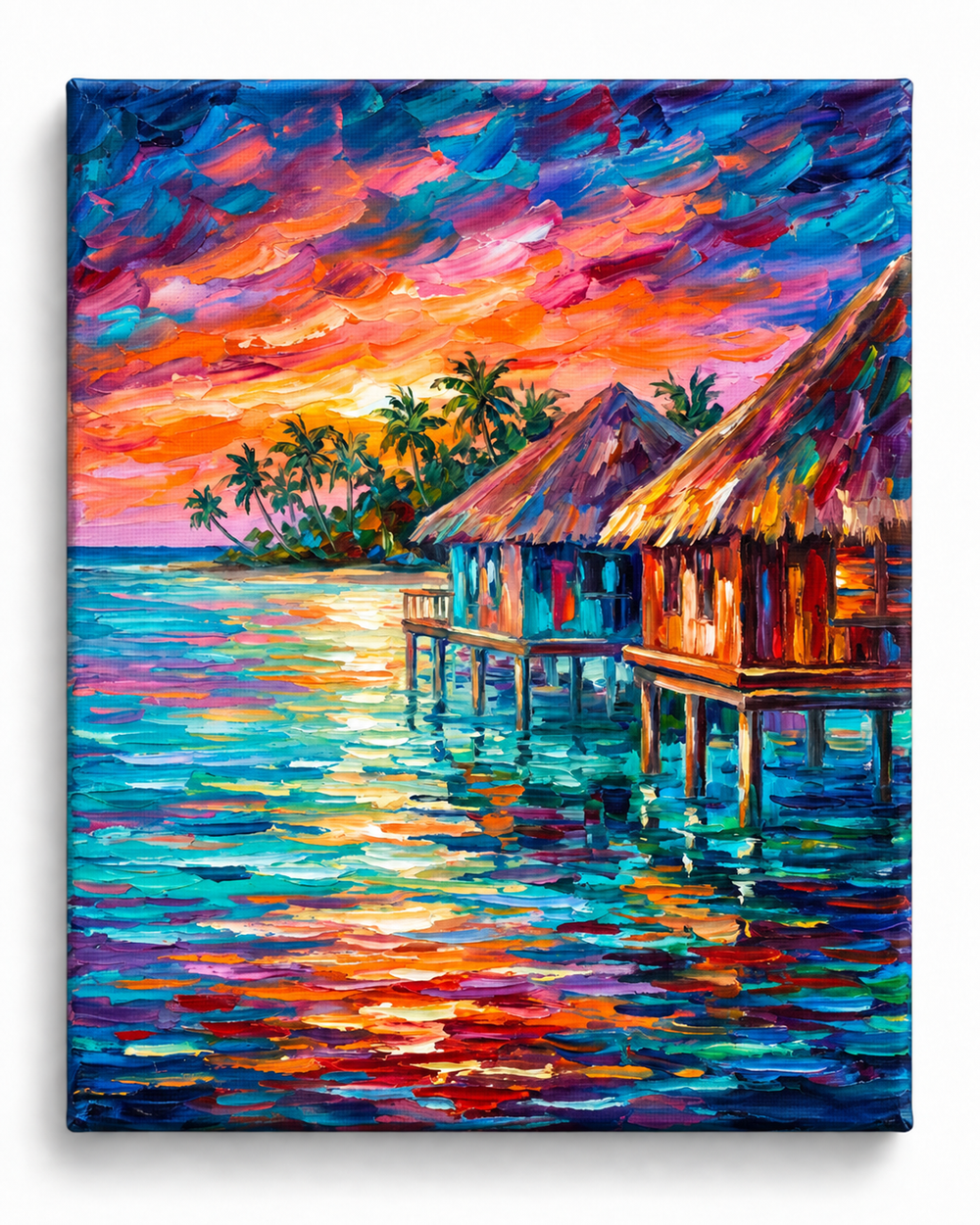 Tropical Escape — Colourful Bungalows at Sunset