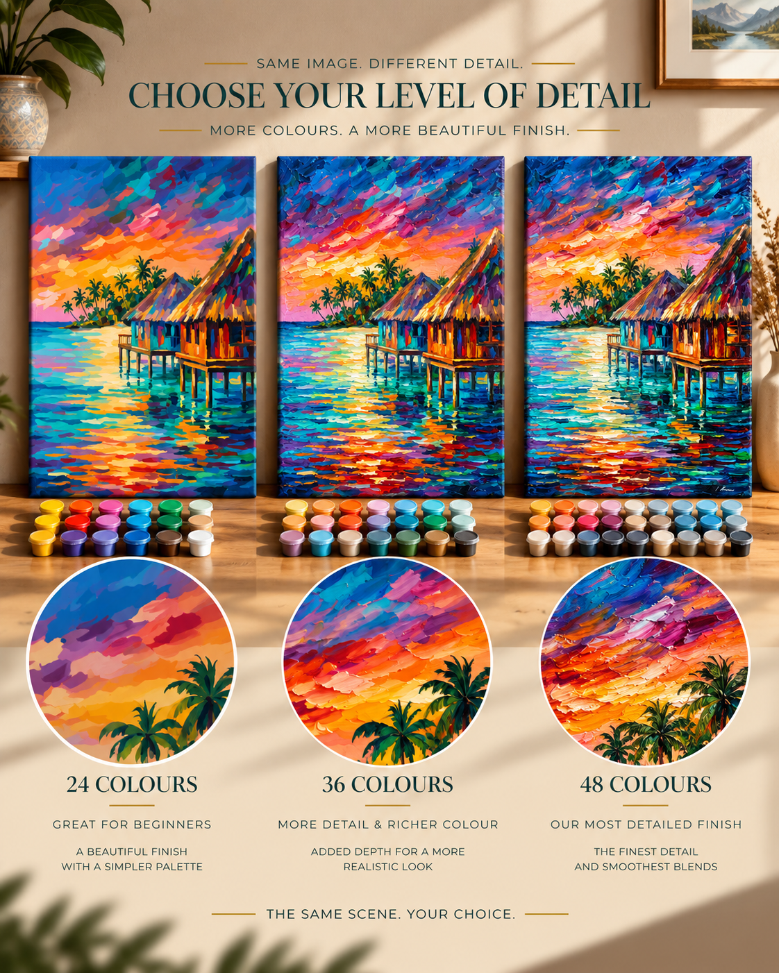 Tropical Escape — Colourful Bungalows at Sunset