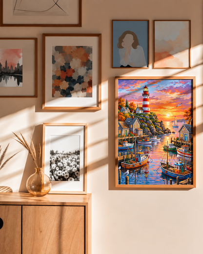 Harbour at Sunset — Fishing Boats Beneath the Lighthouse