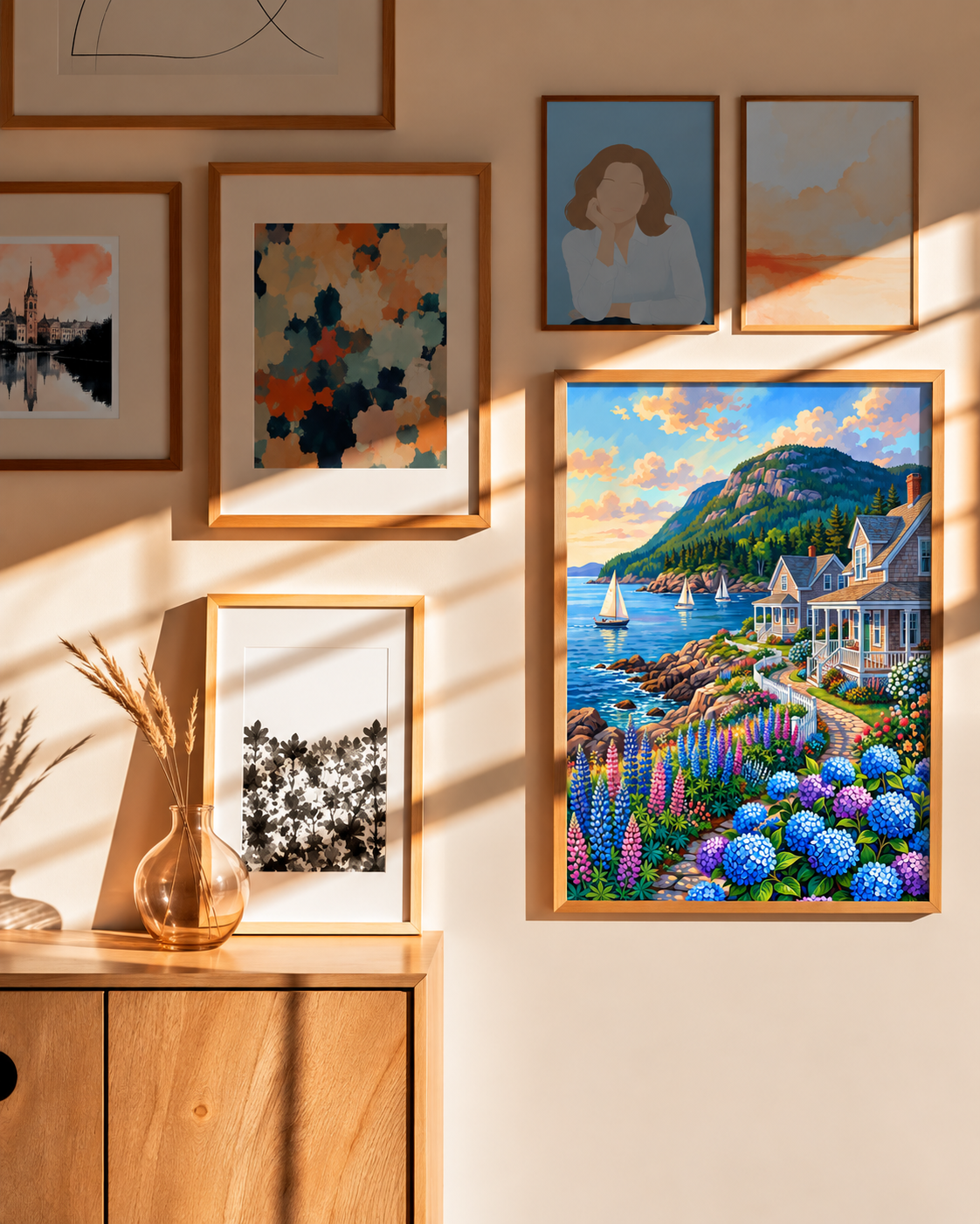 Coastal Serenity — Sailboats Beyond the Cottage Gardens