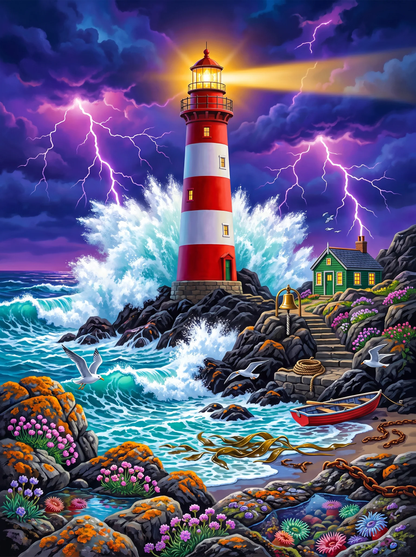 Stormwatch Lighthouse — Waves Beneath a Violet Sky