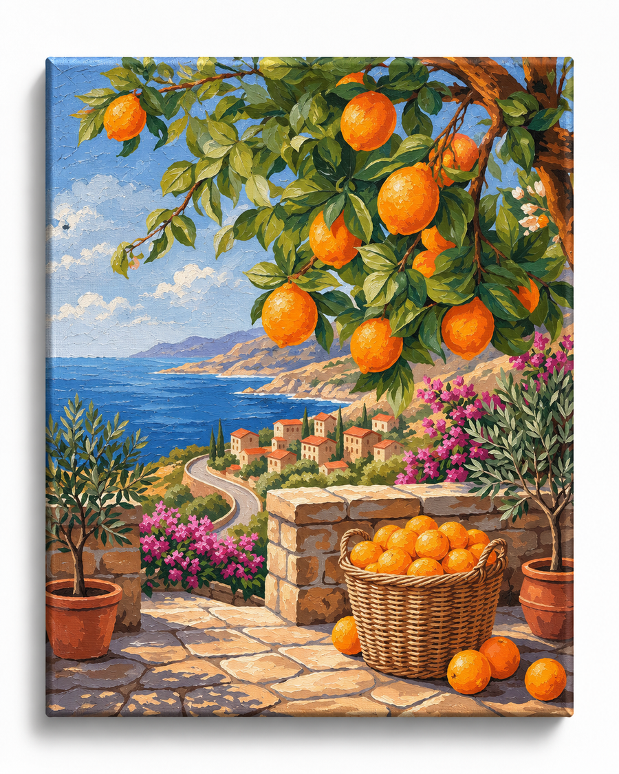 Mediterranean Sunshine — Oranges Above the Coastal Village