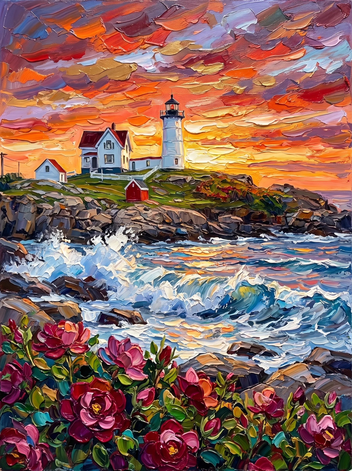 Sunset Lighthouse — Wild Roses Along the Rocky Coast