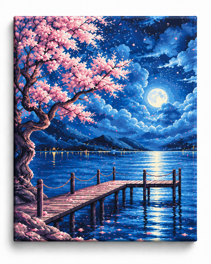 Moonlit Cherry Blossoms — A Peaceful Lakeside Pier