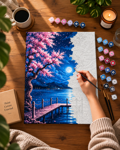 Moonlit Cherry Blossoms — A Peaceful Lakeside Pier