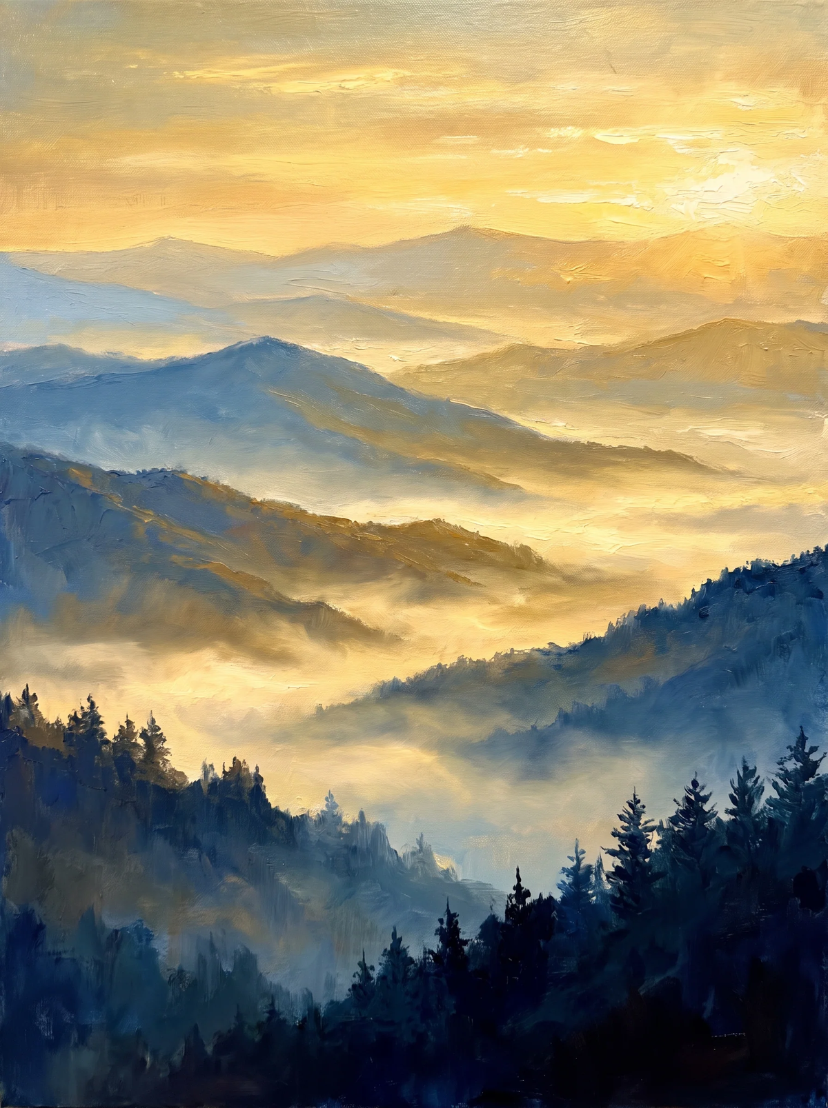 Golden Mountain Dawn — Mist Across the Blue Ridges