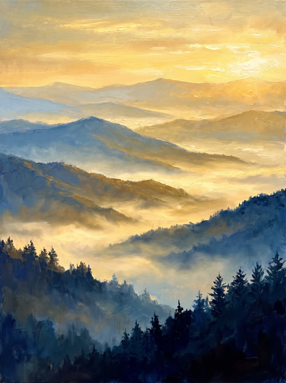 Golden Mountain Dawn — Mist Across the Blue Ridges