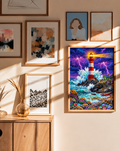 Stormwatch Lighthouse — Waves Beneath a Violet Sky