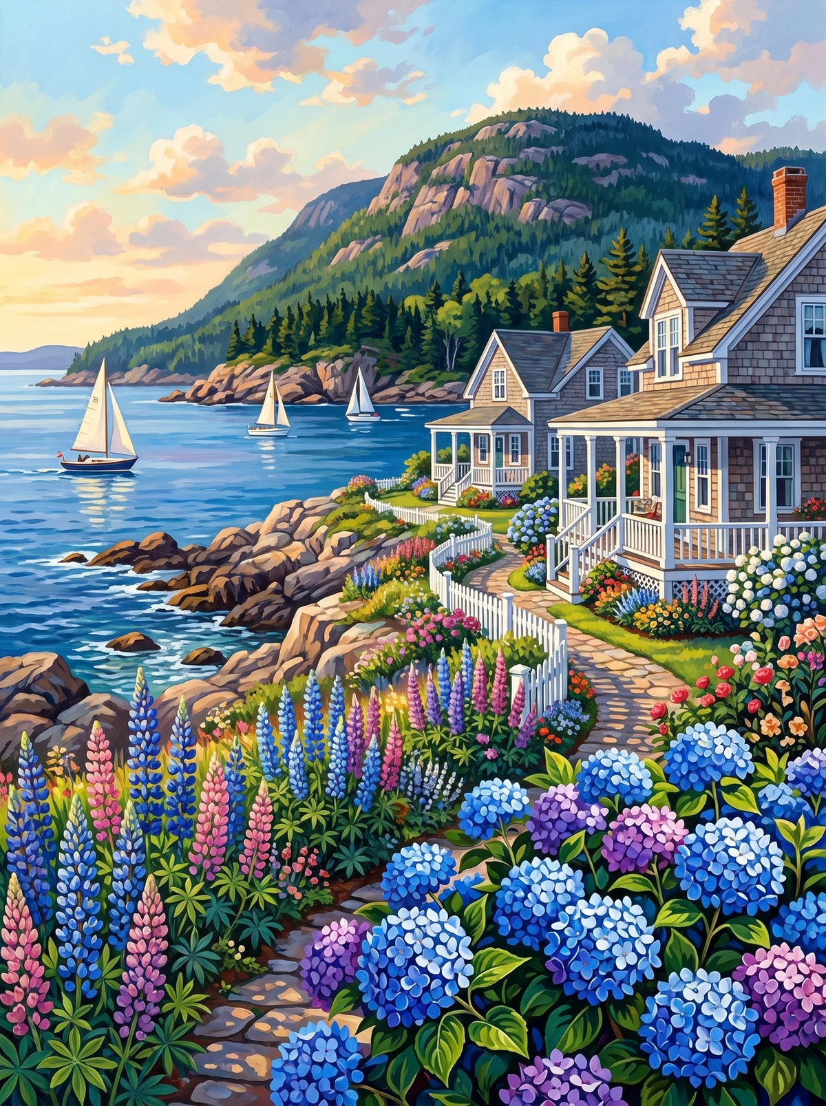 Coastal Serenity — Sailboats Beyond the Cottage Gardens